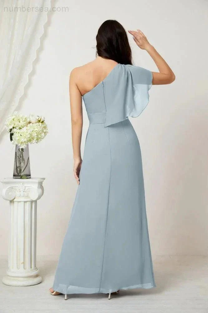 Numbersea  Chiffon Ruffled One Shoulder Long Bridesmaid Dresses A-line Formal Evening Gown Side Split 2809 - Image 98