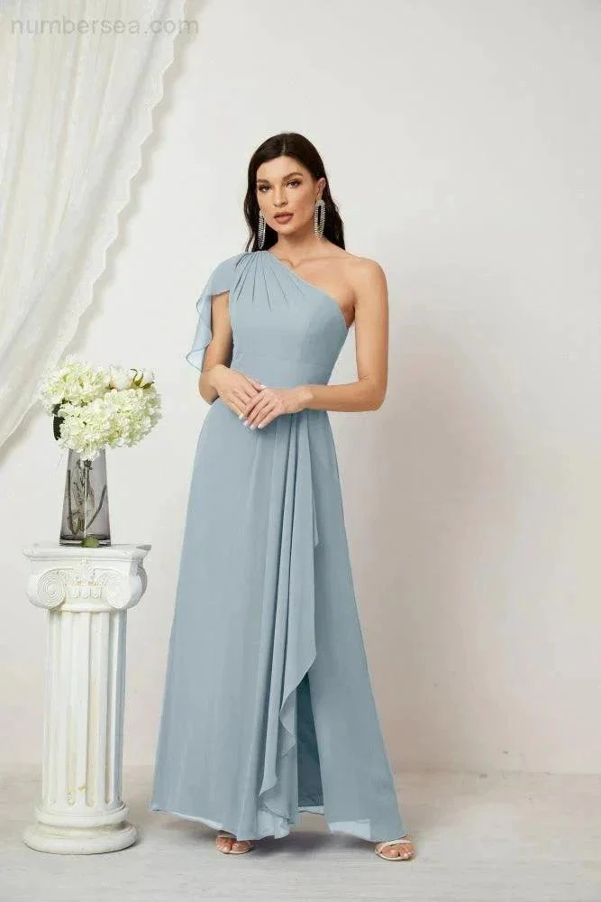 Numbersea  Chiffon Ruffled One Shoulder Long Bridesmaid Dresses A-line Formal Evening Gown Side Split 2809 - Image 99