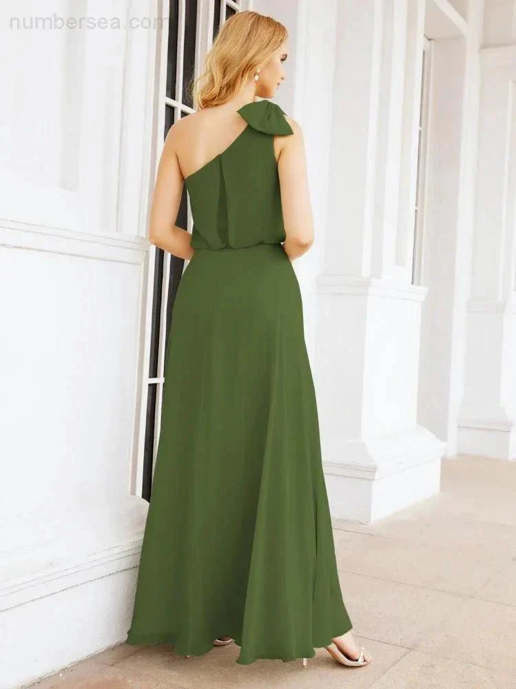 Numbersea Chiffon Ruffled One Shoulder Sleeveless Long Bride Dresses A-line Formal Evening Gown Side Split 28057 - Image 14