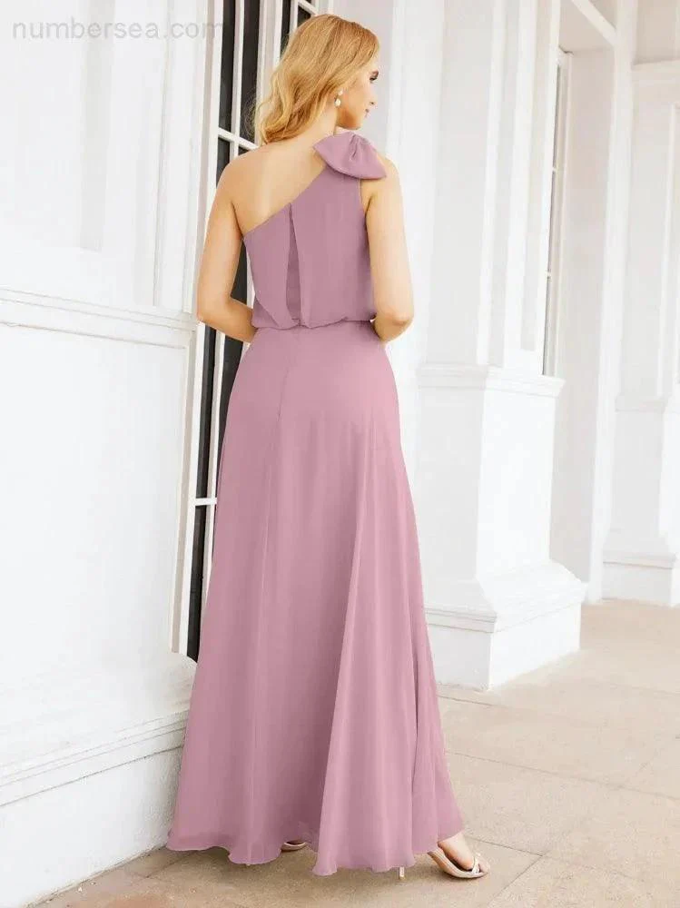 Numbersea Chiffon Ruffled One Shoulder Sleeveless Long Bride Dresses A-line Formal Evening Gown Side Split 28057 - Image 2