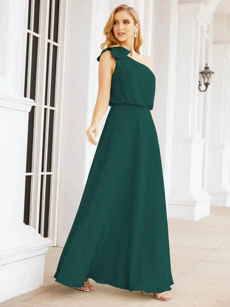 Numbersea Chiffon Ruffled One Shoulder Sleeveless Long Bride Dresses A-line Formal Evening Gown Side Split 28057 - Image 33