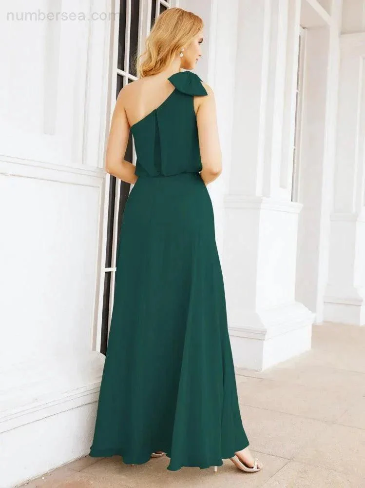 Numbersea Chiffon Ruffled One Shoulder Sleeveless Long Bride Dresses A-line Formal Evening Gown Side Split 28057 - Image 34