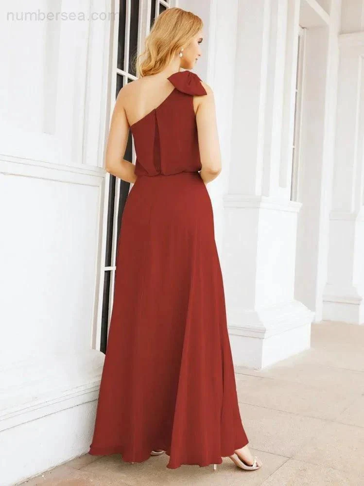 Numbersea Chiffon Ruffled One Shoulder Sleeveless Long Bride Dresses A-line Formal Evening Gown Side Split 28057 - Image 38