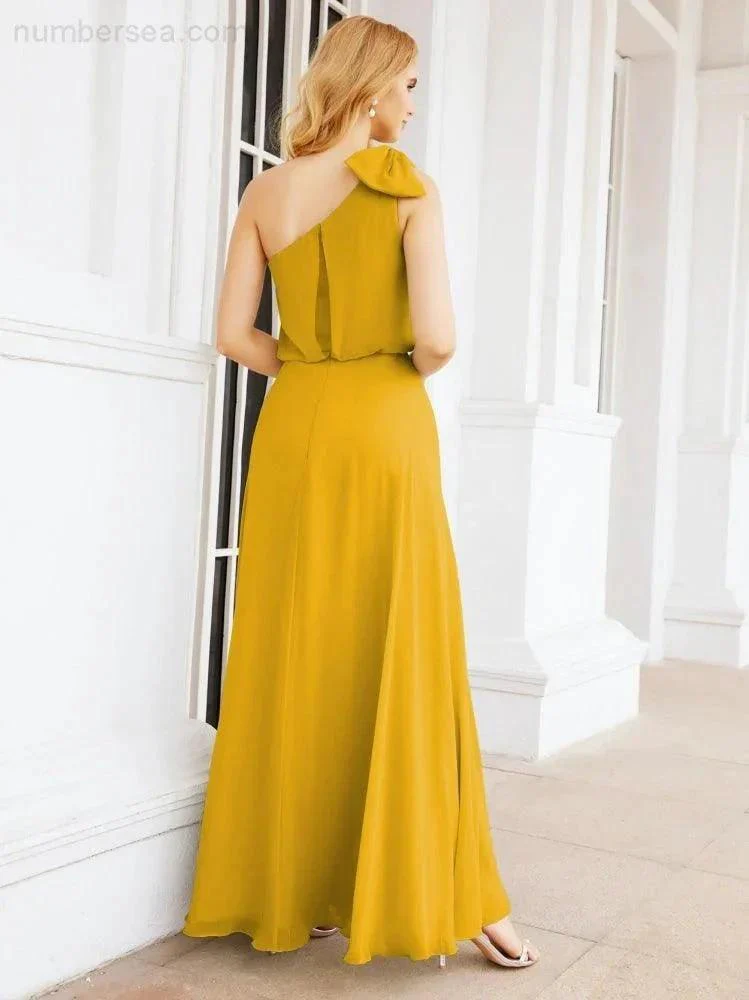 Numbersea Chiffon Ruffled One Shoulder Sleeveless Long Bride Dresses A-line Formal Evening Gown Side Split 28057 - Image 4