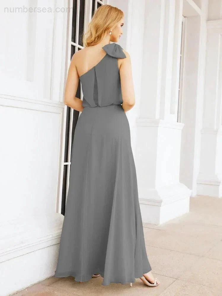 Numbersea Chiffon Ruffled One Shoulder Sleeveless Long Bride Dresses A-line Formal Evening Gown Side Split 28057 - Image 40