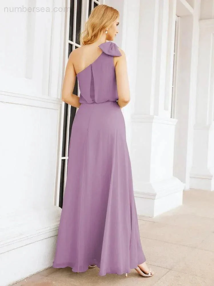 Numbersea Chiffon Ruffled One Shoulder Sleeveless Long Bride Dresses A-line Formal Evening Gown Side Split 28057 - Image 42
