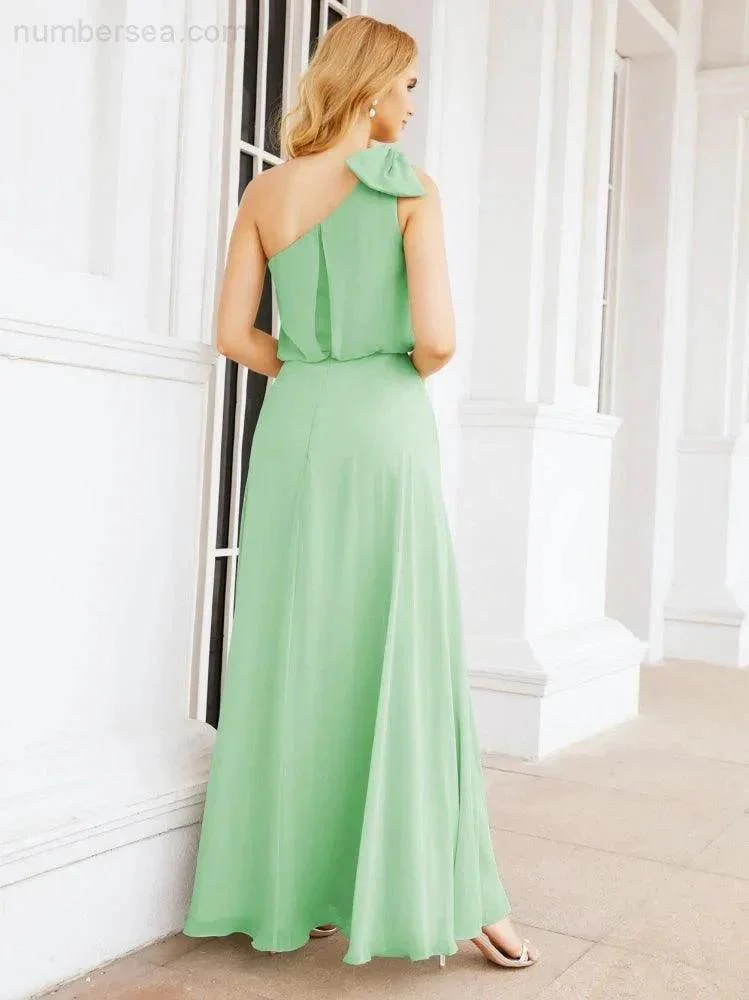 Numbersea Chiffon Ruffled One Shoulder Sleeveless Long Bride Dresses A-line Formal Evening Gown Side Split 28057 - Image 44