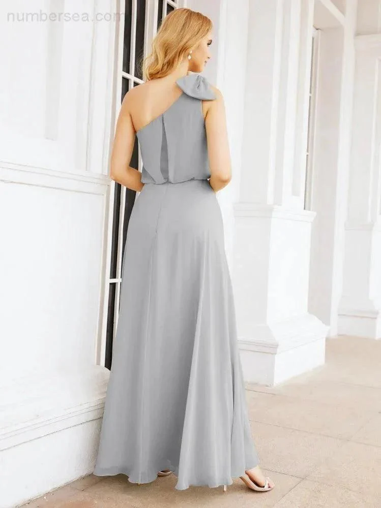 Numbersea Chiffon Ruffled One Shoulder Sleeveless Long Bride Dresses A-line Formal Evening Gown Side Split 28057 - Image 54