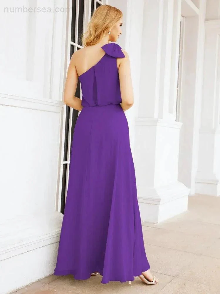 Numbersea Chiffon Ruffled One Shoulder Sleeveless Long Bride Dresses A-line Formal Evening Gown Side Split 28057 - Image 56