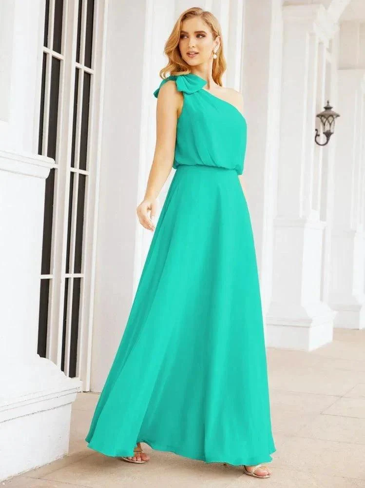 Numbersea Chiffon Ruffled One Shoulder Sleeveless Long Bride Dresses A-line Formal Evening Gown Side Split 28057 - Image 63