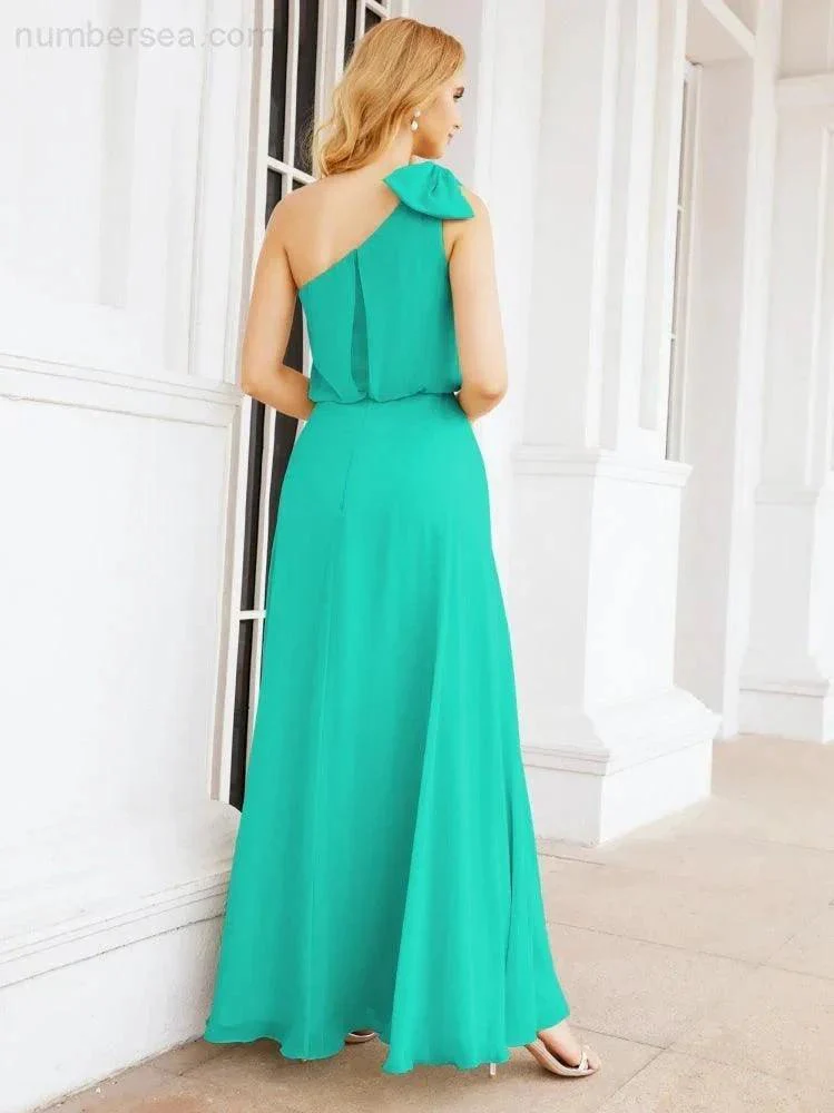 Numbersea Chiffon Ruffled One Shoulder Sleeveless Long Bride Dresses A-line Formal Evening Gown Side Split 28057 - Image 64