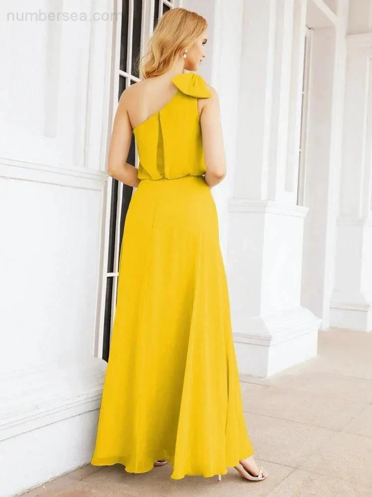 Numbersea Chiffon Ruffled One Shoulder Sleeveless Long Bride Dresses A-line Formal Evening Gown Side Split 28057 - Image 66