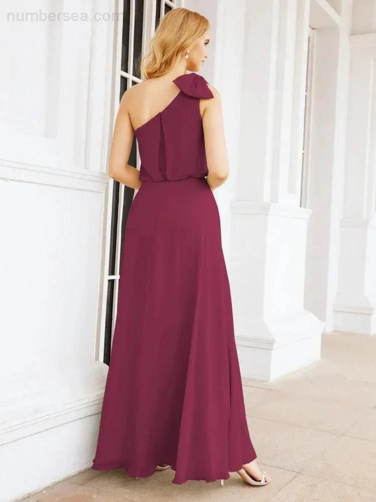 Numbersea Chiffon Ruffled One Shoulder Sleeveless Long Bride Dresses A-line Formal Evening Gown Side Split 28057 - Image 68
