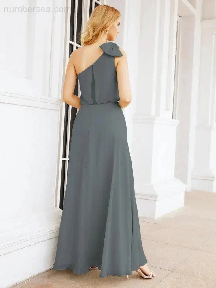 Numbersea Chiffon Ruffled One Shoulder Sleeveless Long Bride Dresses A-line Formal Evening Gown Side Split 28057 - Image 76