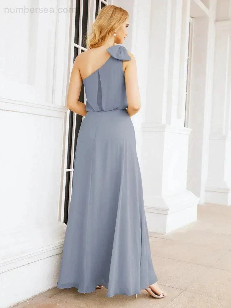 Numbersea Chiffon Ruffled One Shoulder Sleeveless Long Bride Dresses A-line Formal Evening Gown Side Split 28057 - Image 8