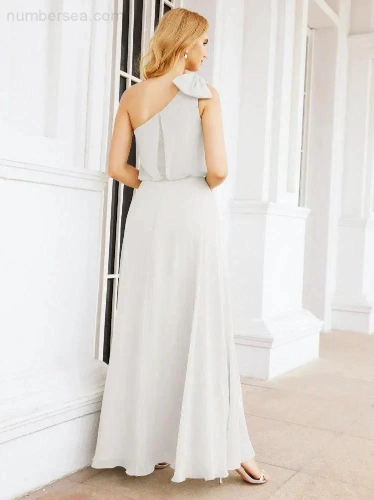 Numbersea Chiffon Ruffled One Shoulder Sleeveless Long Bride Dresses A-line Formal Evening Gown Side Split 28057 - Image 84