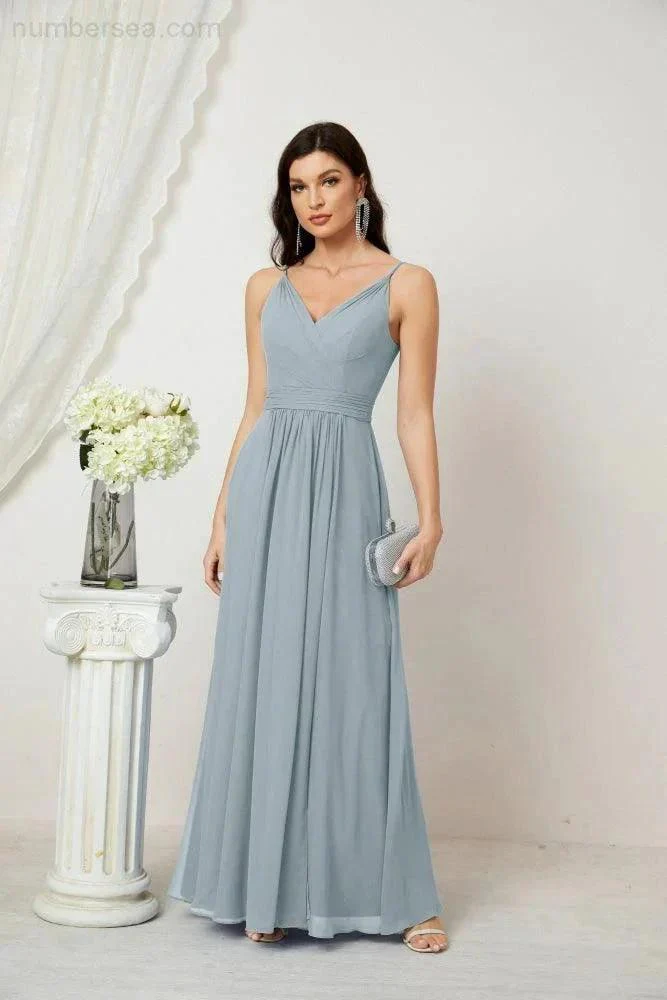 Numbersea Chiffon V-Neck Bridesmaid Dress Spaghetti Strap Long Formal Party Prom Gowns with Slit 28010 - Image 100