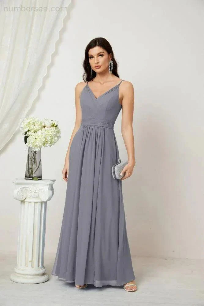 Numbersea Chiffon V-Neck Bridesmaid Dress Spaghetti Strap Long Formal Party Prom Gowns with Slit 28010 - Image 12