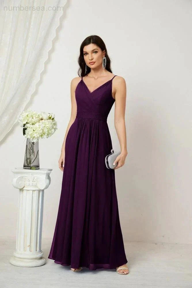Numbersea Chiffon V-Neck Bridesmaid Dress Spaghetti Strap Long Formal Party Prom Gowns with Slit 28010 - Image 124