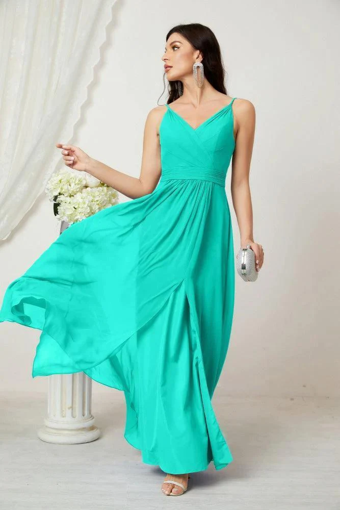 Numbersea Chiffon V-Neck Bridesmaid Dress Spaghetti Strap Long Formal Party Prom Gowns with Slit 28010 - Image 125