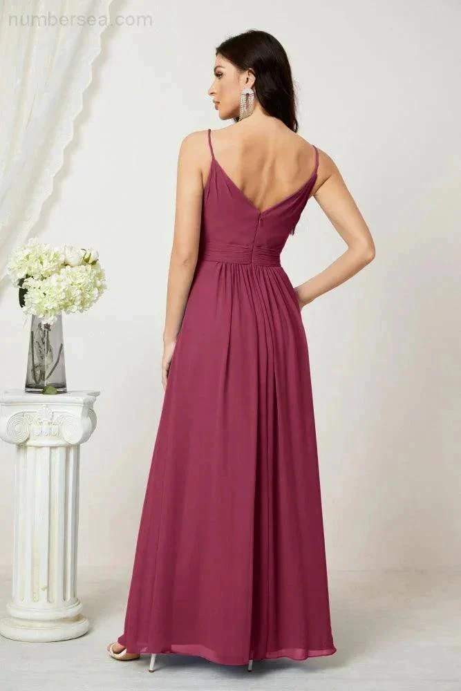 Numbersea Chiffon V-Neck Bridesmaid Dress Spaghetti Strap Long Formal Party Prom Gowns with Slit 28010 - Image 134