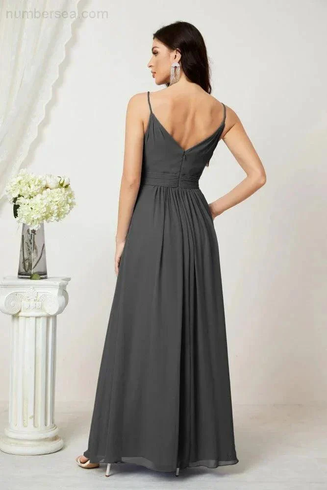 Numbersea Chiffon V-Neck Bridesmaid Dress Spaghetti Strap Long Formal Party Prom Gowns with Slit 28010 - Image 150