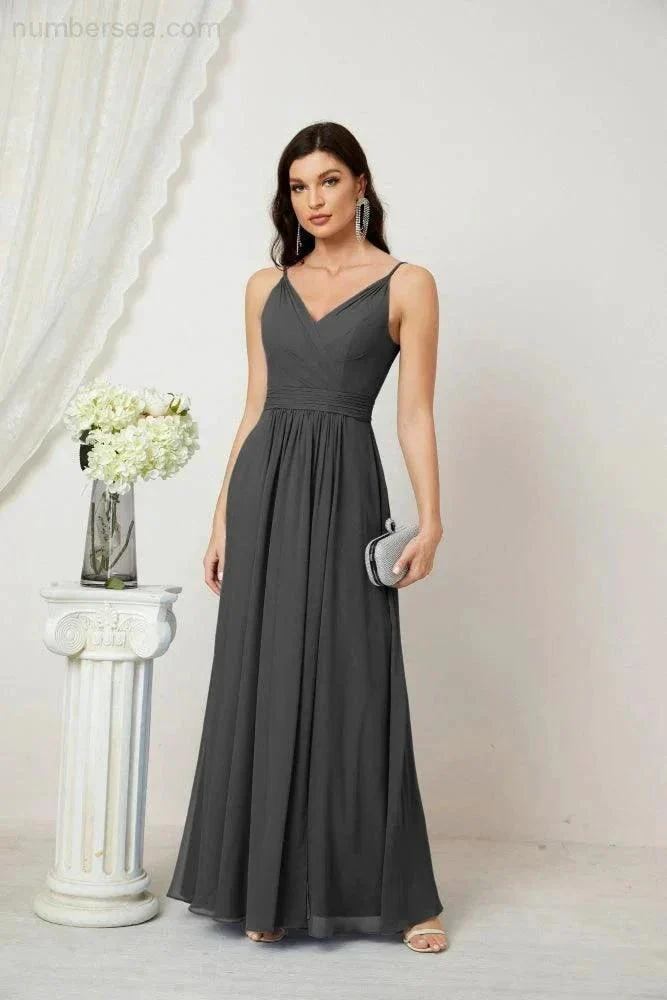 Numbersea Chiffon V-Neck Bridesmaid Dress Spaghetti Strap Long Formal Party Prom Gowns with Slit 28010 - Image 152