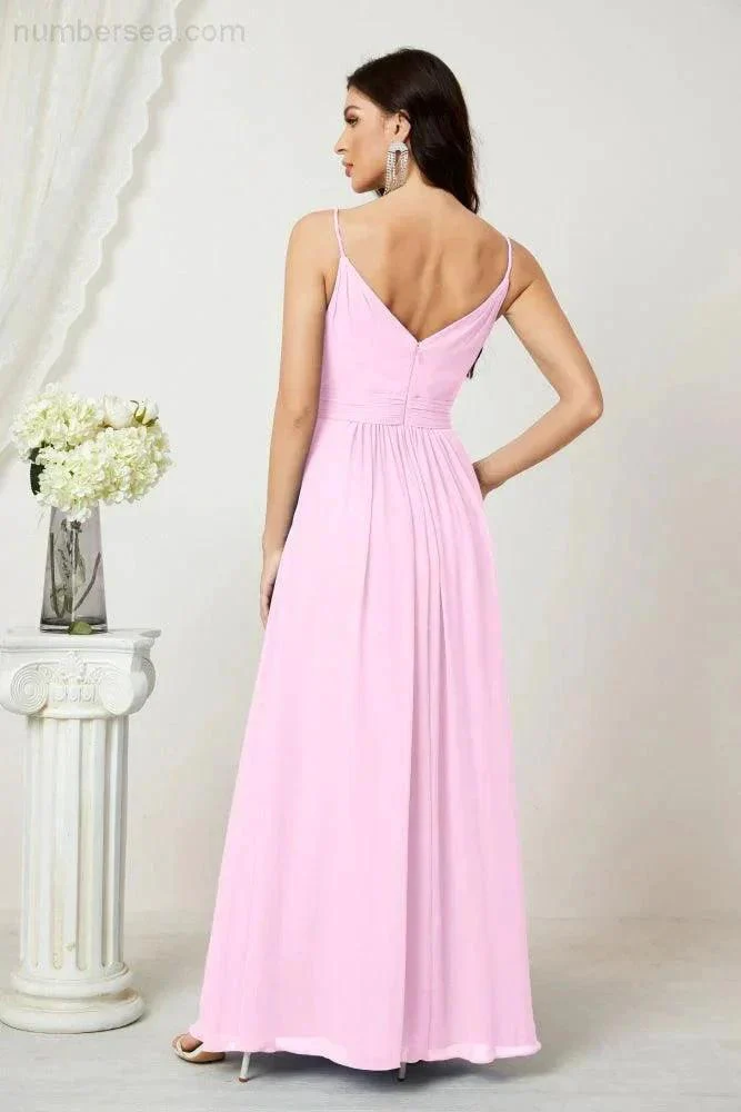 Numbersea Chiffon V-Neck Bridesmaid Dress Spaghetti Strap Long Formal Party Prom Gowns with Slit 28010 - Image 154