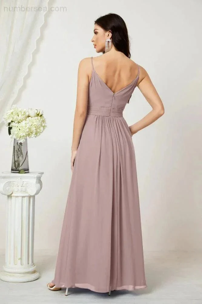 Numbersea Chiffon V-Neck Bridesmaid Dress Spaghetti Strap Long Formal Party Prom Gowns with Slit 28010 - Image 2