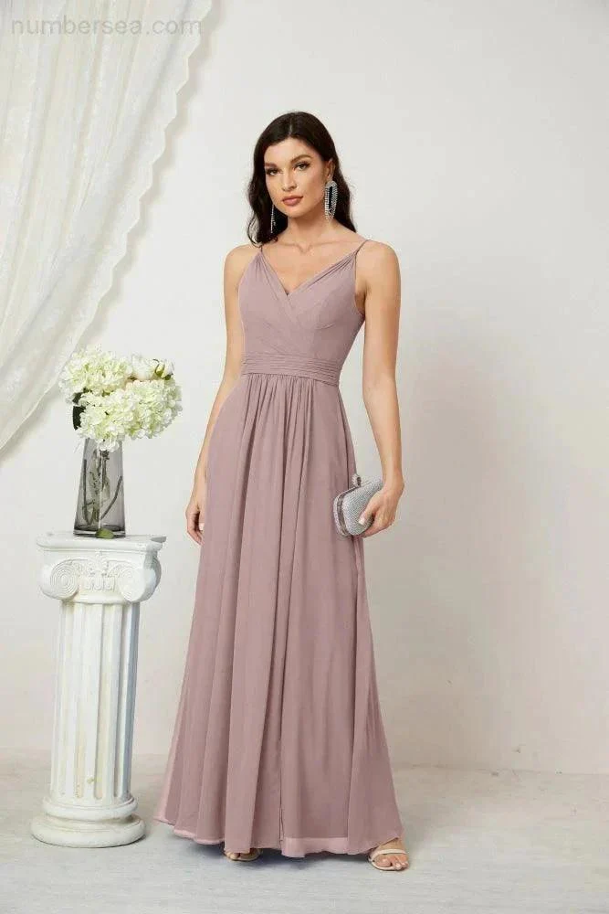 Numbersea Chiffon V-Neck Bridesmaid Dress Spaghetti Strap Long Formal Party Prom Gowns with Slit 28010 - Image 4