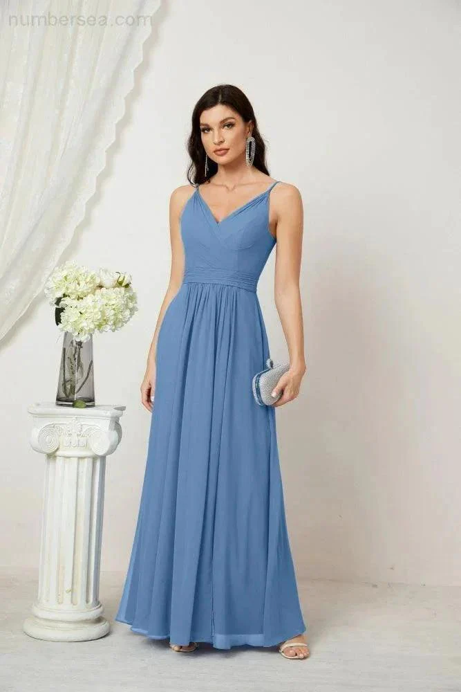 Numbersea Chiffon V-Neck Bridesmaid Dress Spaghetti Strap Long Formal Party Prom Gowns with Slit 28010 - Image 40