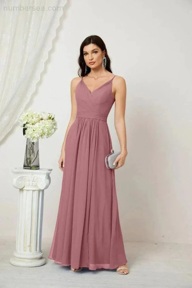 Numbersea Chiffon V-Neck Bridesmaid Dress Spaghetti Strap Long Formal Party Prom Gowns with Slit 28010 - Image 44