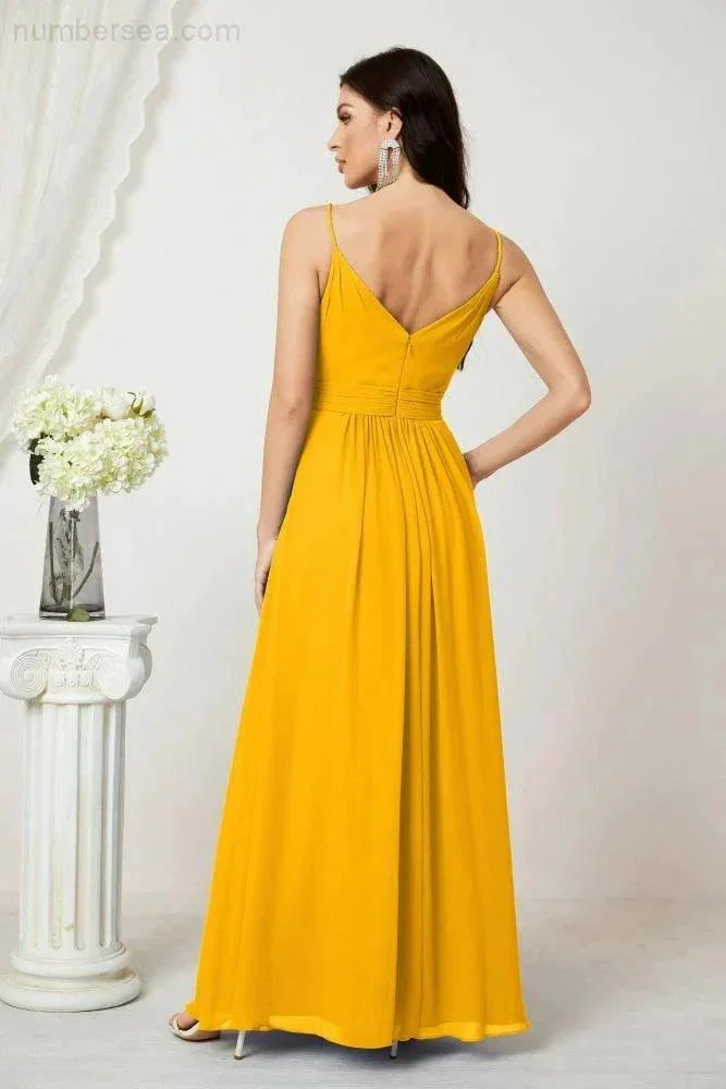 Numbersea Chiffon V-Neck Bridesmaid Dress Spaghetti Strap Long Formal Party Prom Gowns with Slit 28010 - Image 6