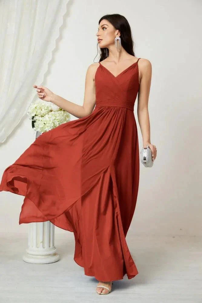Numbersea Chiffon V-Neck Bridesmaid Dress Spaghetti Strap Long Formal Party Prom Gowns with Slit 28010 - Image 73