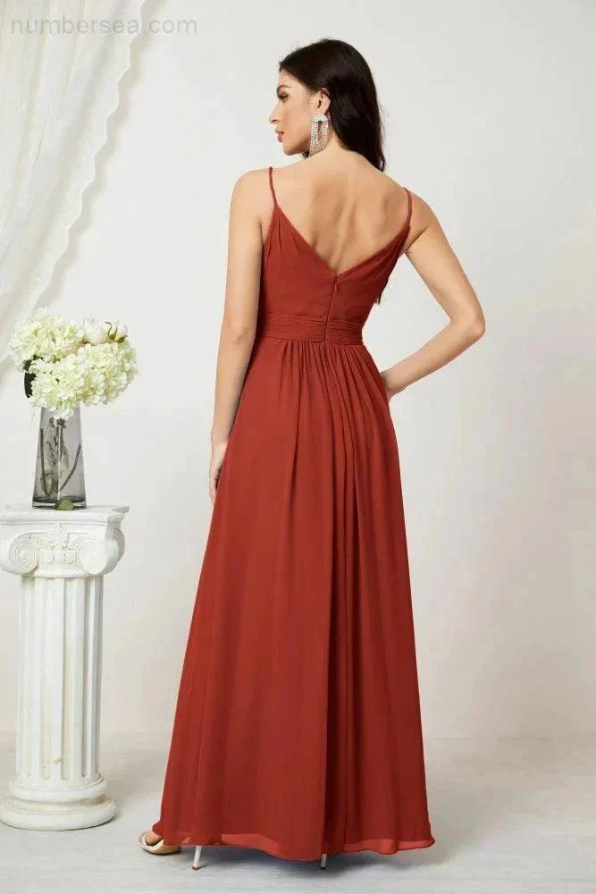 Numbersea Chiffon V-Neck Bridesmaid Dress Spaghetti Strap Long Formal Party Prom Gowns with Slit 28010 - Image 74