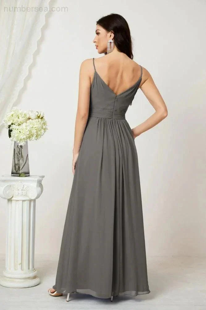 Numbersea Chiffon V-Neck Bridesmaid Dress Spaghetti Strap Long Formal Party Prom Gowns with Slit 28010 - Image 78