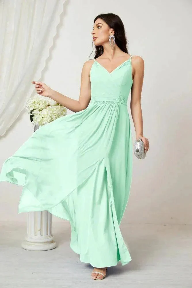 Numbersea Chiffon V-Neck Bridesmaid Dress Spaghetti Strap Long Formal Party Prom Gowns with Slit 28010 - Image 85