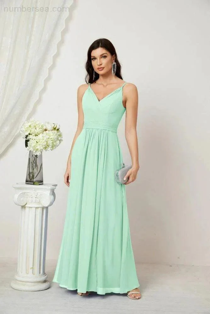 Numbersea Chiffon V-Neck Bridesmaid Dress Spaghetti Strap Long Formal Party Prom Gowns with Slit 28010 - Image 88