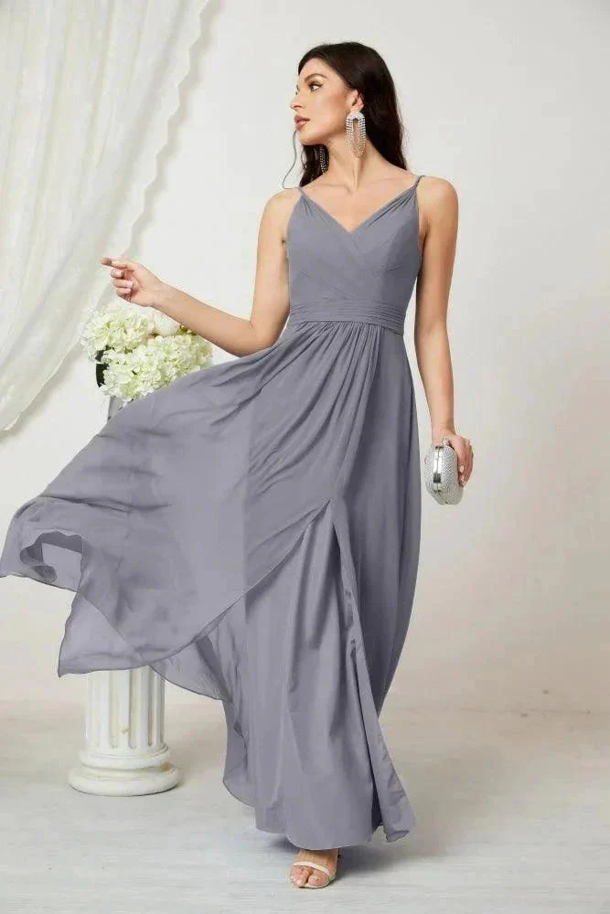 Numbersea Chiffon V-Neck Bridesmaid Dress Spaghetti Strap Long Formal Party Prom Gowns with Slit 28010 - Image 9