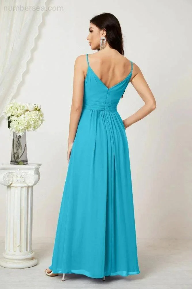 Numbersea Chiffon V-Neck Bridesmaid Dress Spaghetti Strap Long Formal Party Prom Gowns with Slit 28010 - Image 90