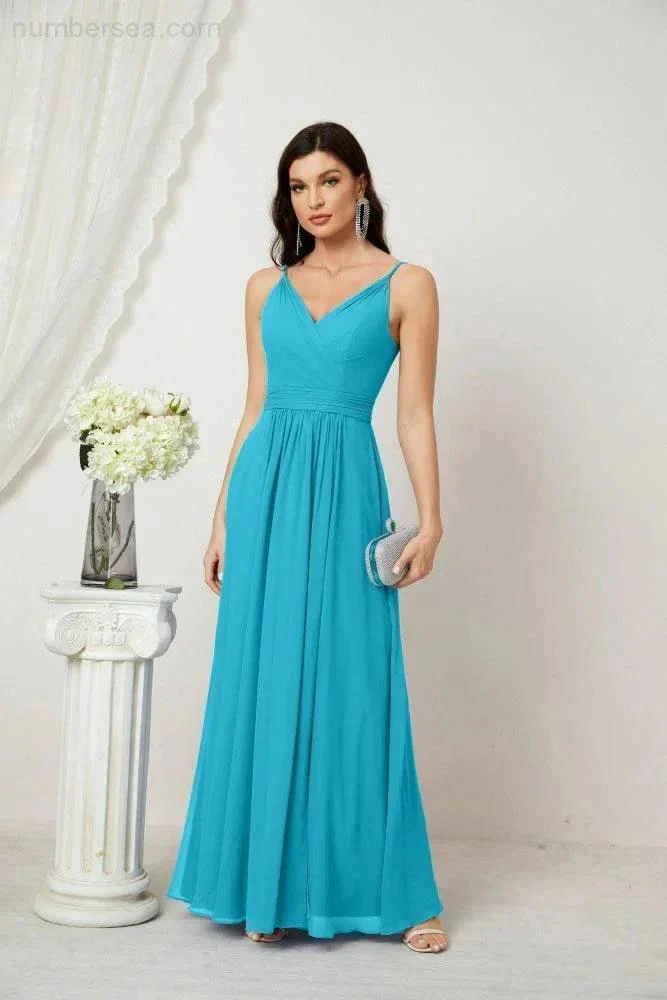 Numbersea Chiffon V-Neck Bridesmaid Dress Spaghetti Strap Long Formal Party Prom Gowns with Slit 28010 - Image 92