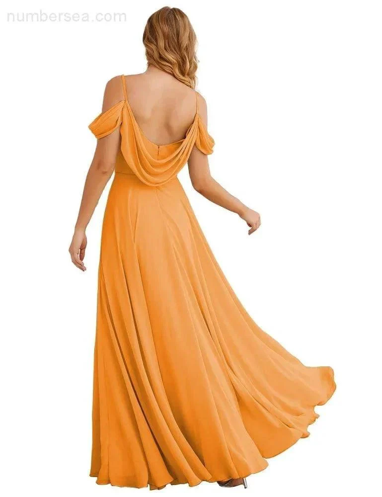Numbersea Cold Shoulder Chiffon Bridesmaid Dresses Long Maxi Formal Prom Gowns for Women Party  SEA28059 - Image 10