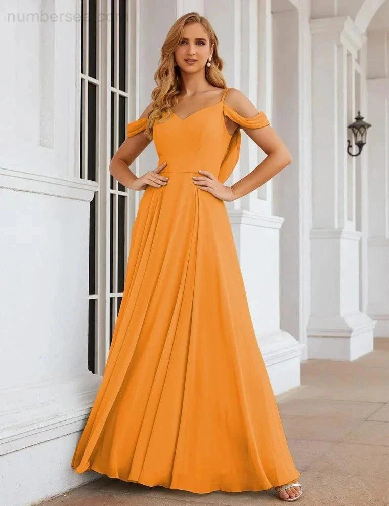 Numbersea Cold Shoulder Chiffon Bridesmaid Dresses Long Maxi Formal Prom Gowns for Women Party  SEA28059 - Image 11