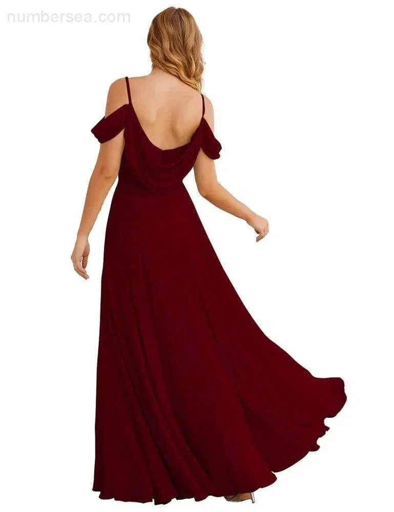 Numbersea Cold Shoulder Chiffon Bridesmaid Dresses Long Maxi Formal Prom Gowns for Women Party  SEA28059 - Image 14