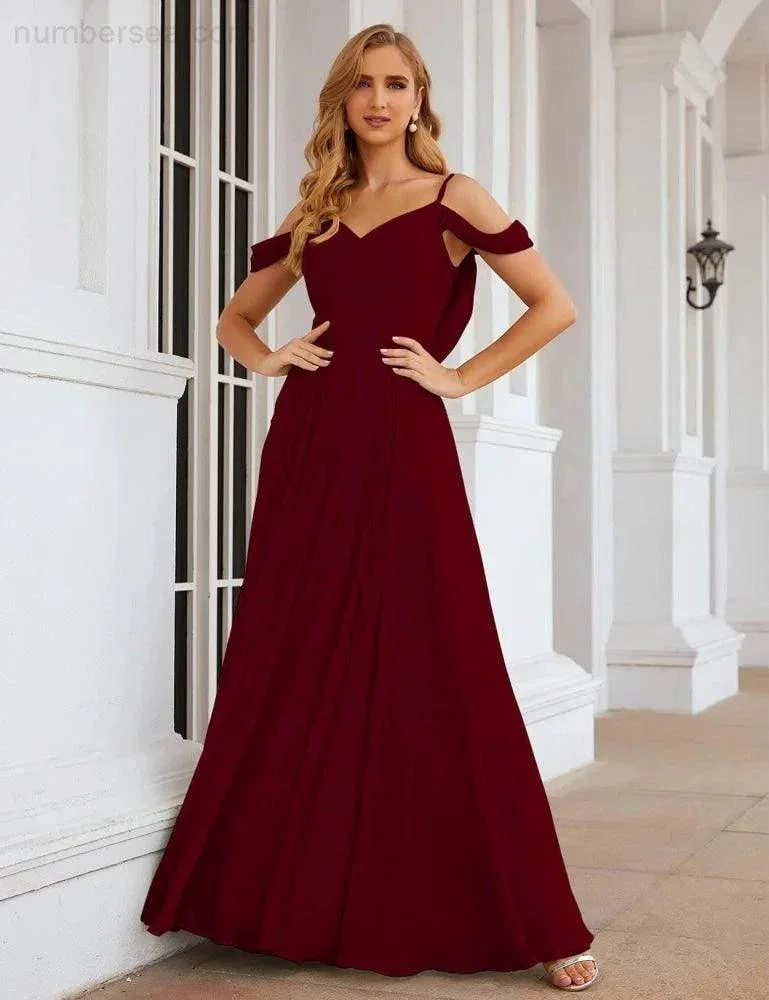 Numbersea Cold Shoulder Chiffon Bridesmaid Dresses Long Maxi Formal Prom Gowns for Women Party  SEA28059 - Image 15