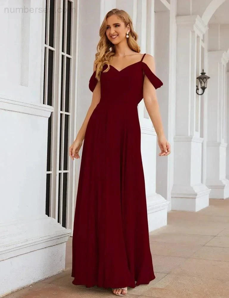 Numbersea Cold Shoulder Chiffon Bridesmaid Dresses Long Maxi Formal Prom Gowns for Women Party  SEA28059 - Image 16