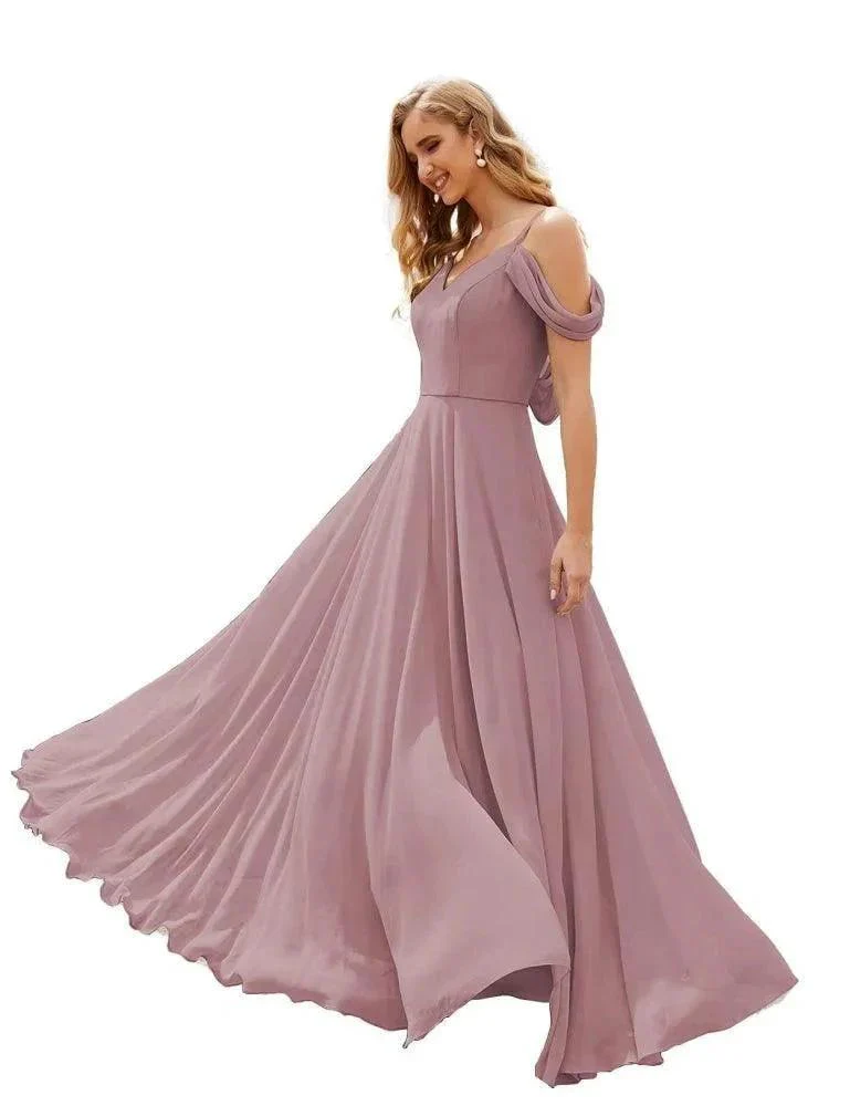 Numbersea Cold Shoulder Chiffon Bridesmaid Dresses Long Maxi Formal Prom Gowns for Women Party  SEA28059 - Image 17