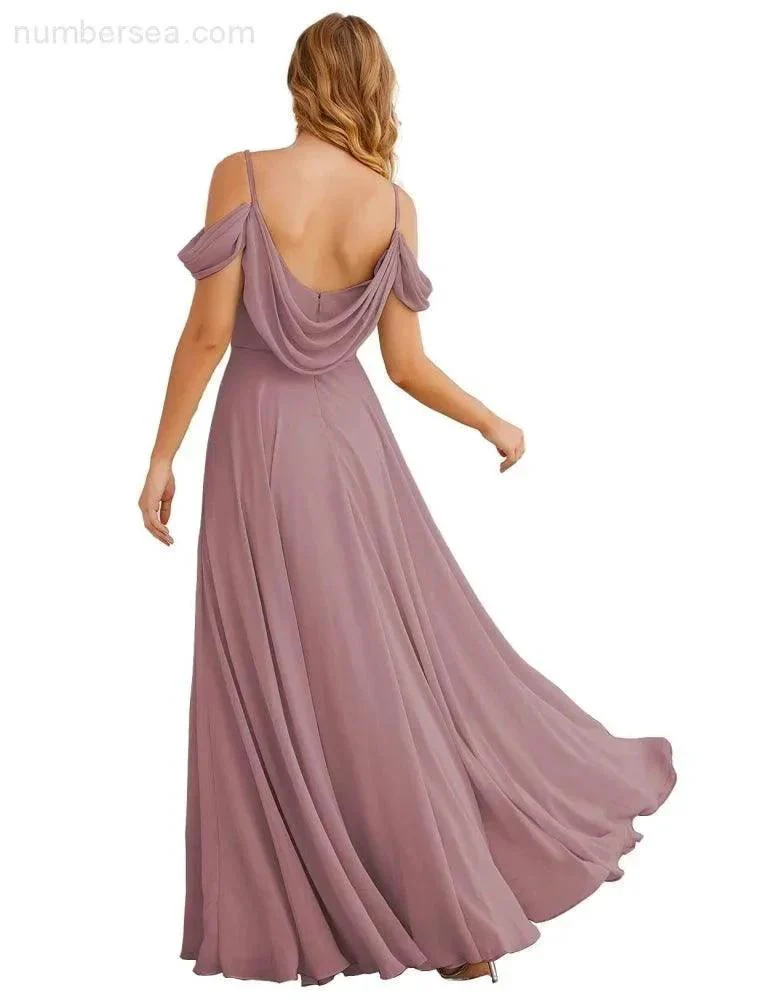 Numbersea Cold Shoulder Chiffon Bridesmaid Dresses Long Maxi Formal Prom Gowns for Women Party  SEA28059 - Image 18