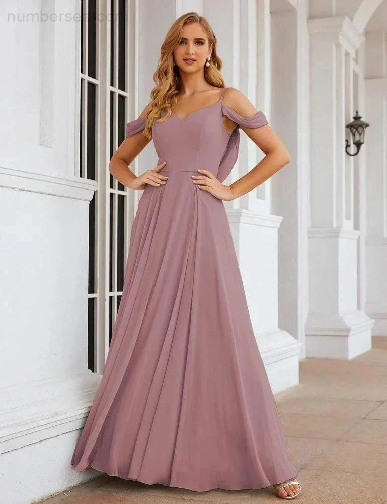 Numbersea Cold Shoulder Chiffon Bridesmaid Dresses Long Maxi Formal Prom Gowns for Women Party  SEA28059 - Image 19
