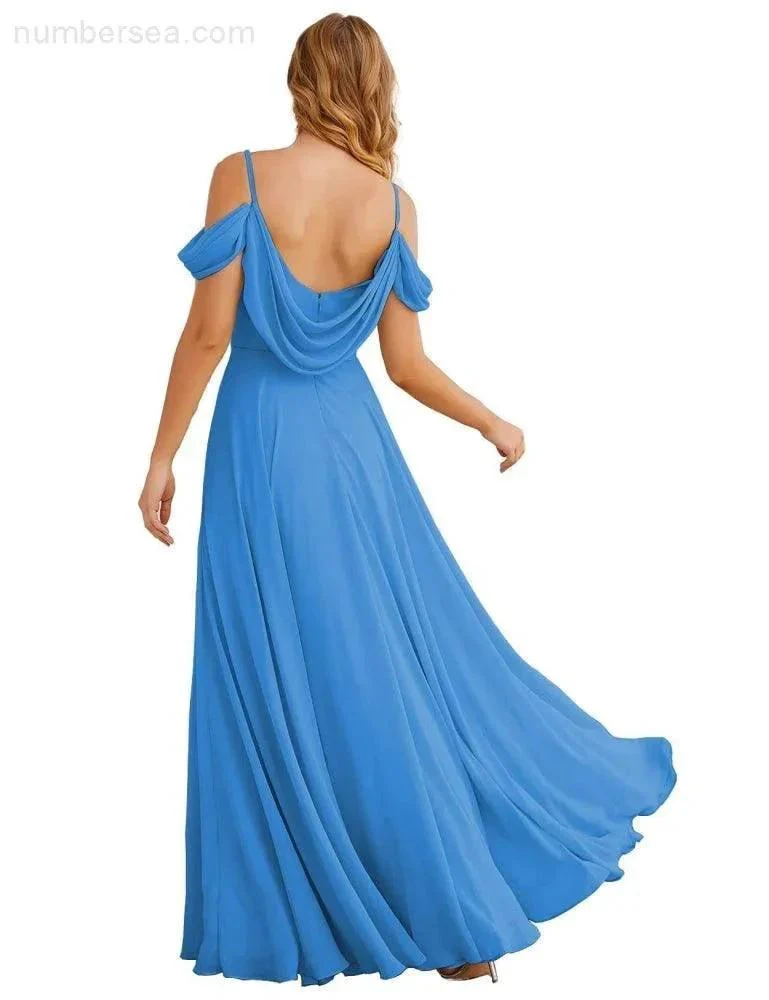 Numbersea Cold Shoulder Chiffon Bridesmaid Dresses Long Maxi Formal Prom Gowns for Women Party  SEA28059 - Image 2